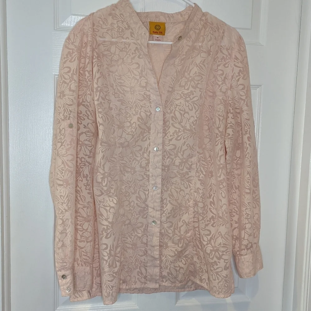 Ruby Rd Floral Button Down Pink Semi Sheer womens 16 - Picture 1 of 7